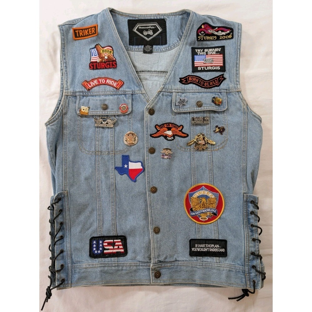 Diamond Plate Denim Biker Vest Men Lg Patches Pins Sturgis 06 Route 66 Lace Side